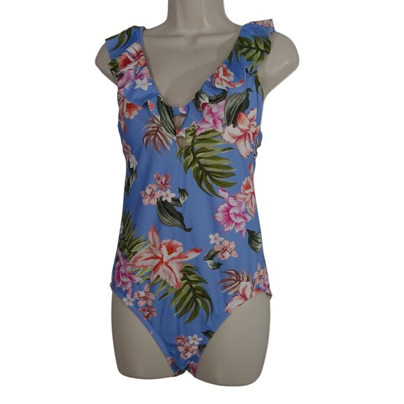 Kona Sol Blue Floral Tropical Print One Piece Swimsuit Women Size M Ruffle - Picture 1 of 12